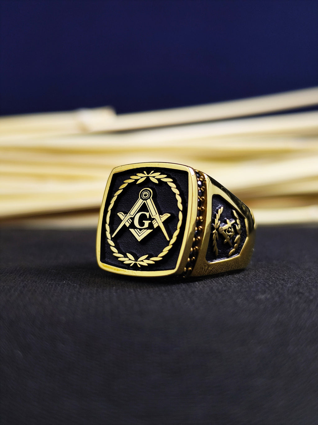 Gold Plated Masonic Signet Ring, Freemason Square Compass, Master Mason Gift Him