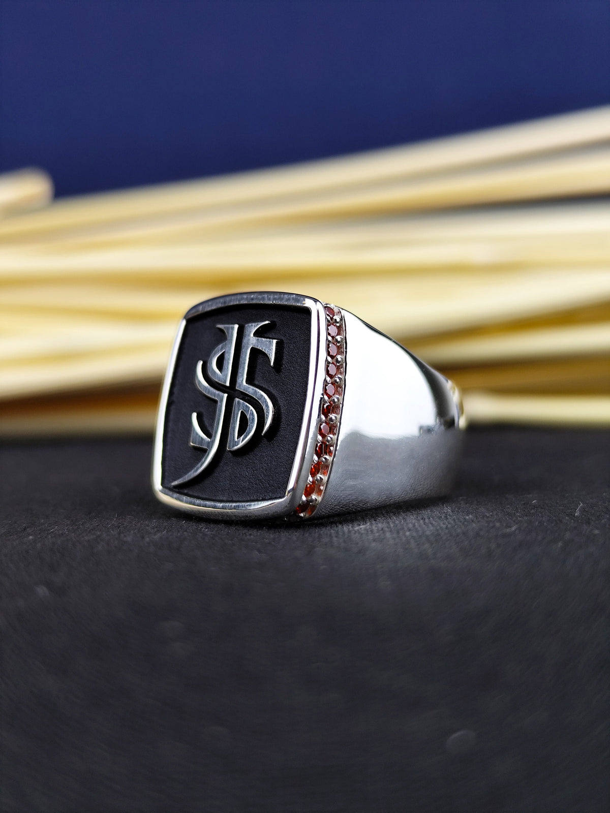 Black Enamel Monogram Signet Ring, Custom Two Initial Ring for Men