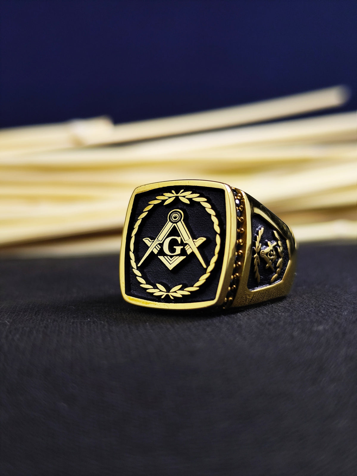 Gold Plated Masonic Signet Ring, Freemason Square Compass, Master Mason Gift Him