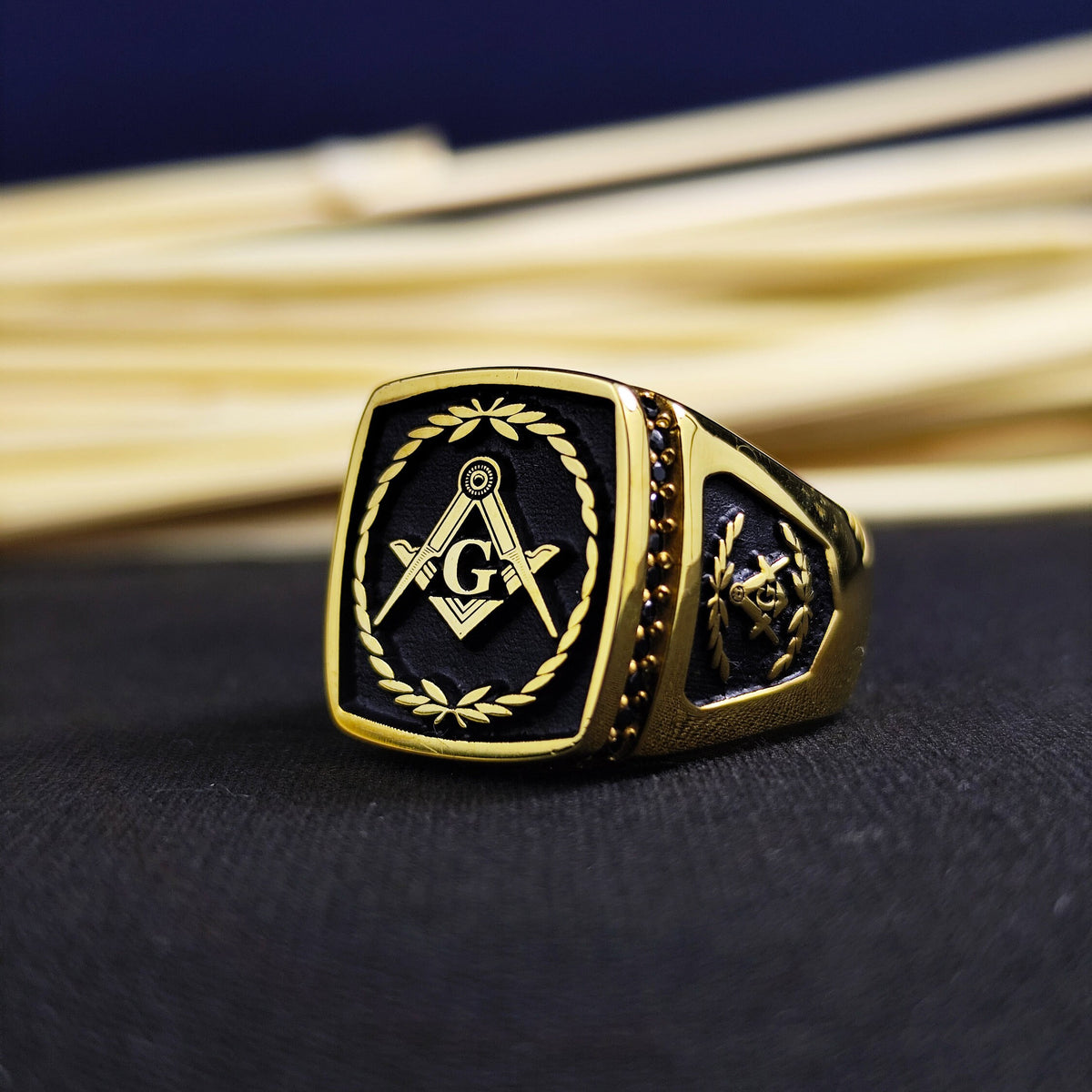 Gold Plated Masonic Signet Ring, Freemason Square Compass, Master Mason Gift Him