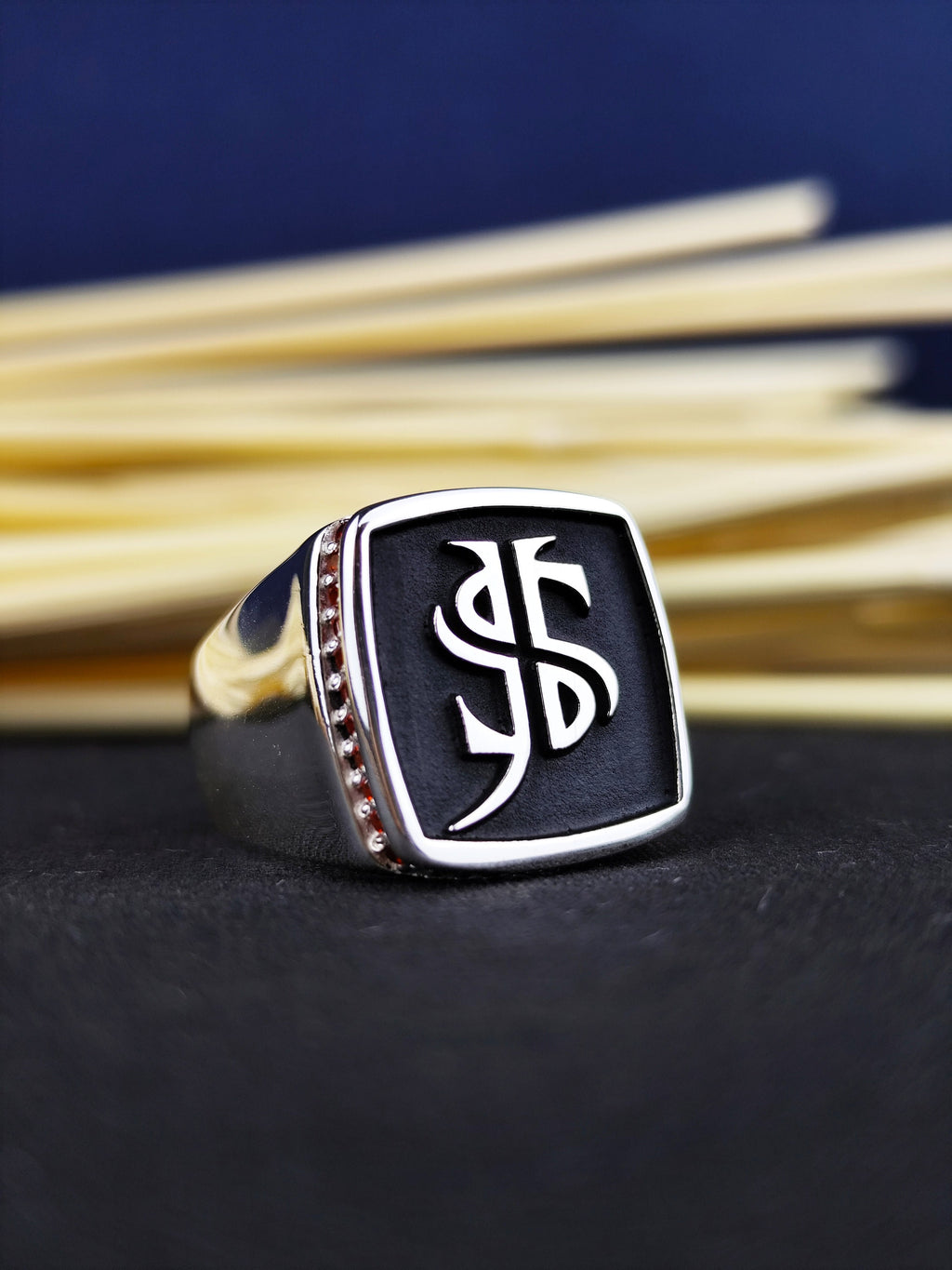 Black Enamel Monogram Signet Ring, Custom Two Initial Ring for Men
