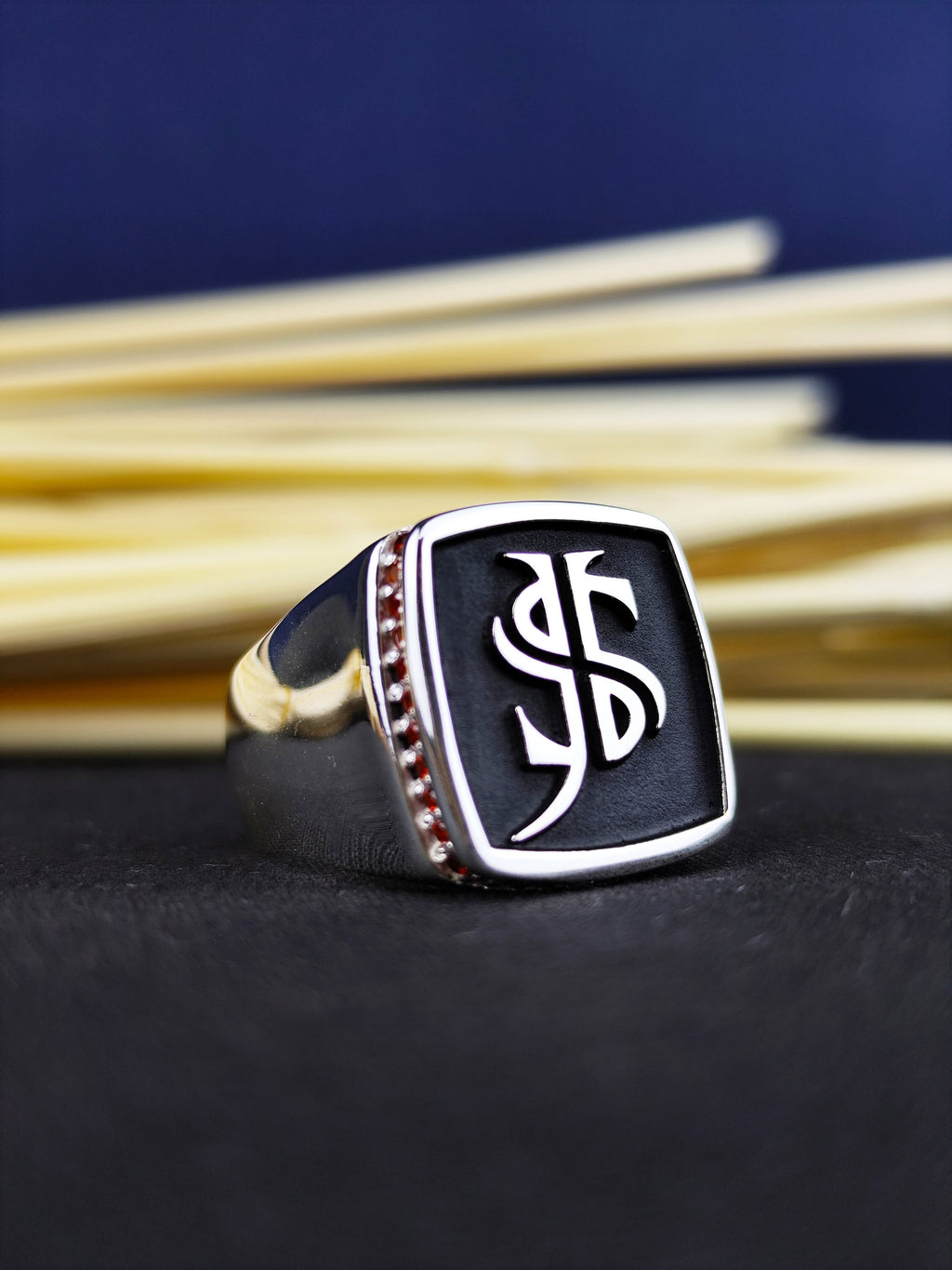 Black Enamel Monogram Signet Ring, Custom Two Initial Ring for Men
