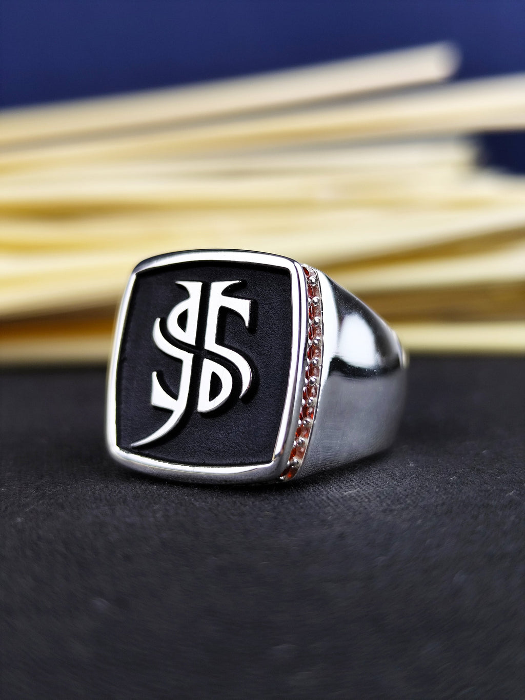 Black Enamel Monogram Signet Ring, Custom Two Initial Ring for Men