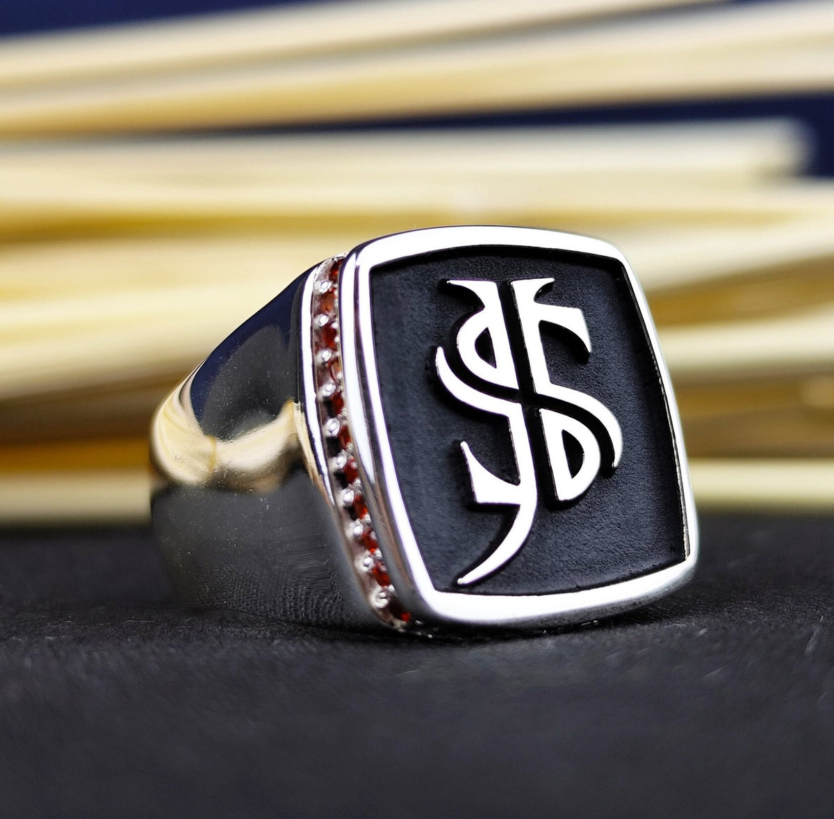 Black Enamel Monogram Signet Ring, Custom Two Initial Ring for Men