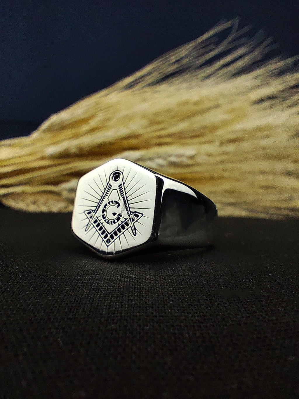 Sterling Silver Masonic Signet Ring, Freemason Square and Compass Ring for Men