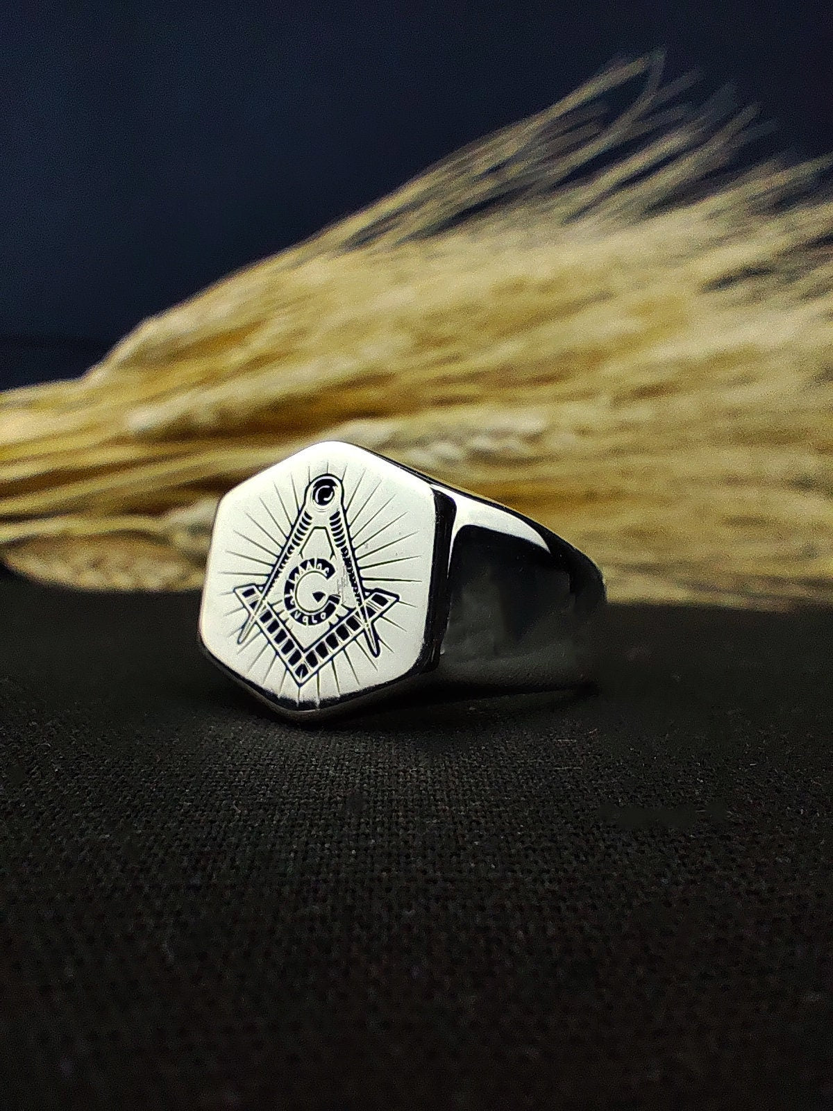 Sterling Silver Masonic Signet Ring, Freemason Square and Compass Ring for Men