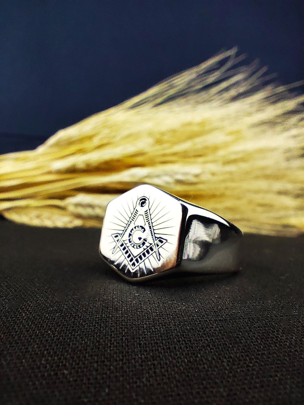 Sterling Silver Masonic Signet Ring, Freemason Square and Compass Ring for Men