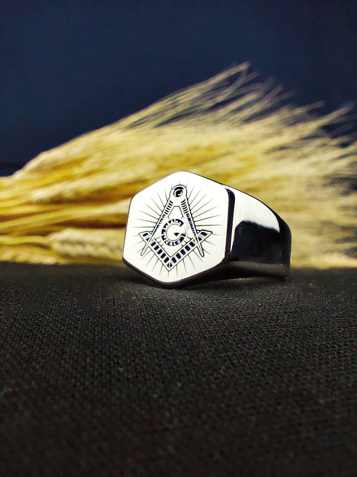Sterling Silver Masonic Signet Ring, Freemason Square and Compass Ring for Men