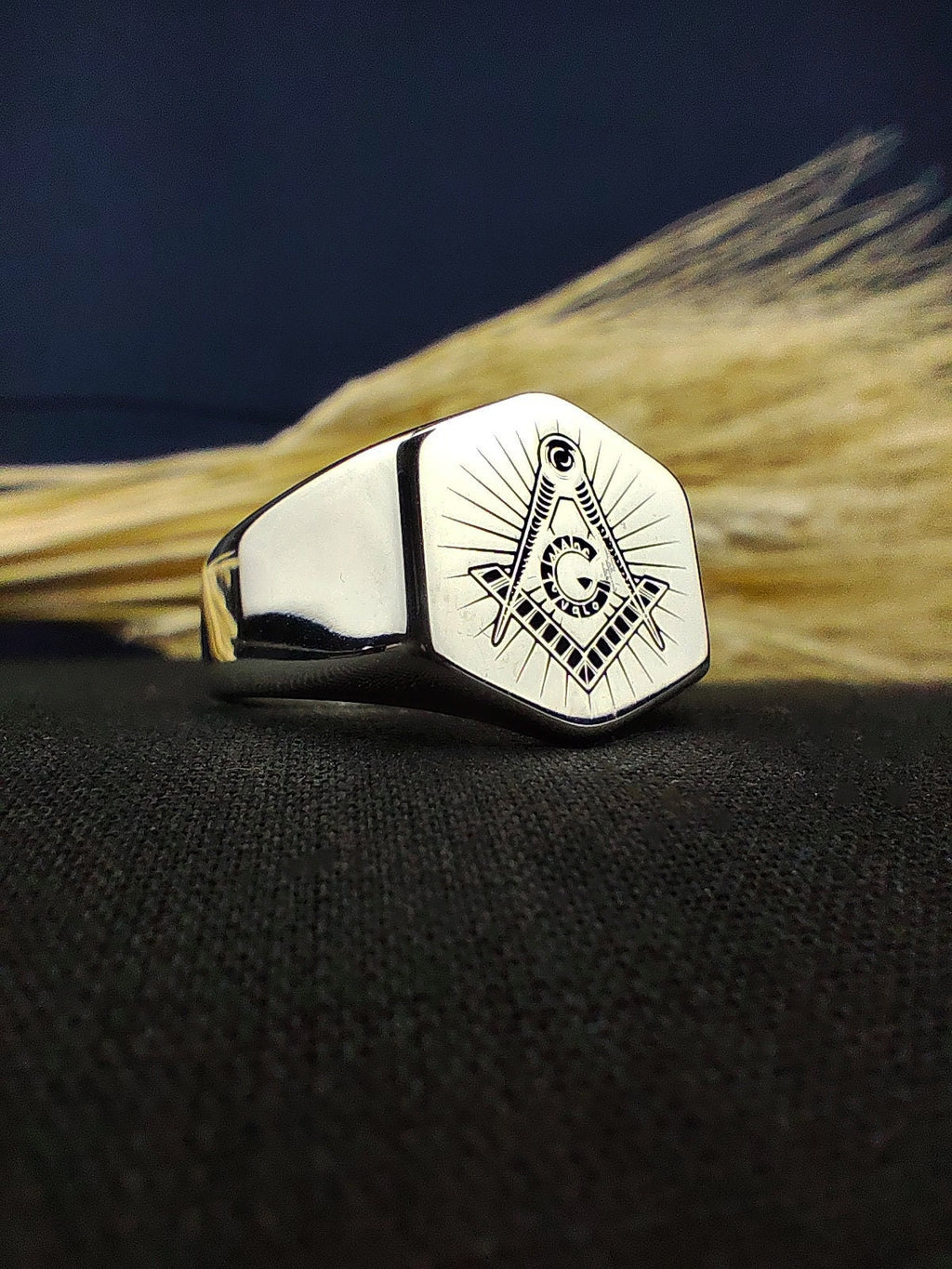Sterling Silver Masonic Signet Ring, Freemason Square and Compass Ring for Men