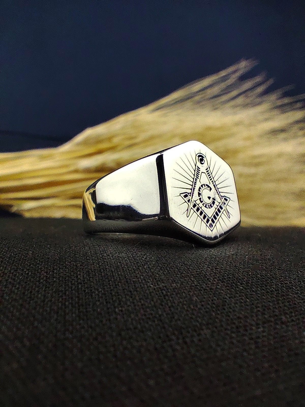 Sterling Silver Masonic Signet Ring, Freemason Square and Compass Ring for Men