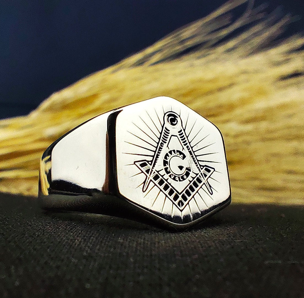 Sterling Silver Masonic Signet Ring, Freemason Square and Compass Ring for Men