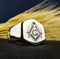 Sterling Silver Masonic Signet Ring, Freemason Square and Compass Ring for Men