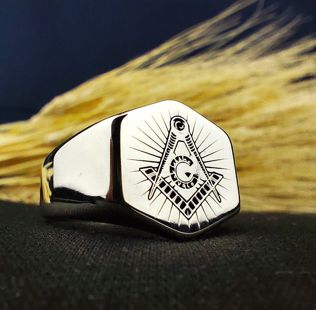 Sterling Silver Masonic Signet Ring, Freemason Square and Compass Ring for Men