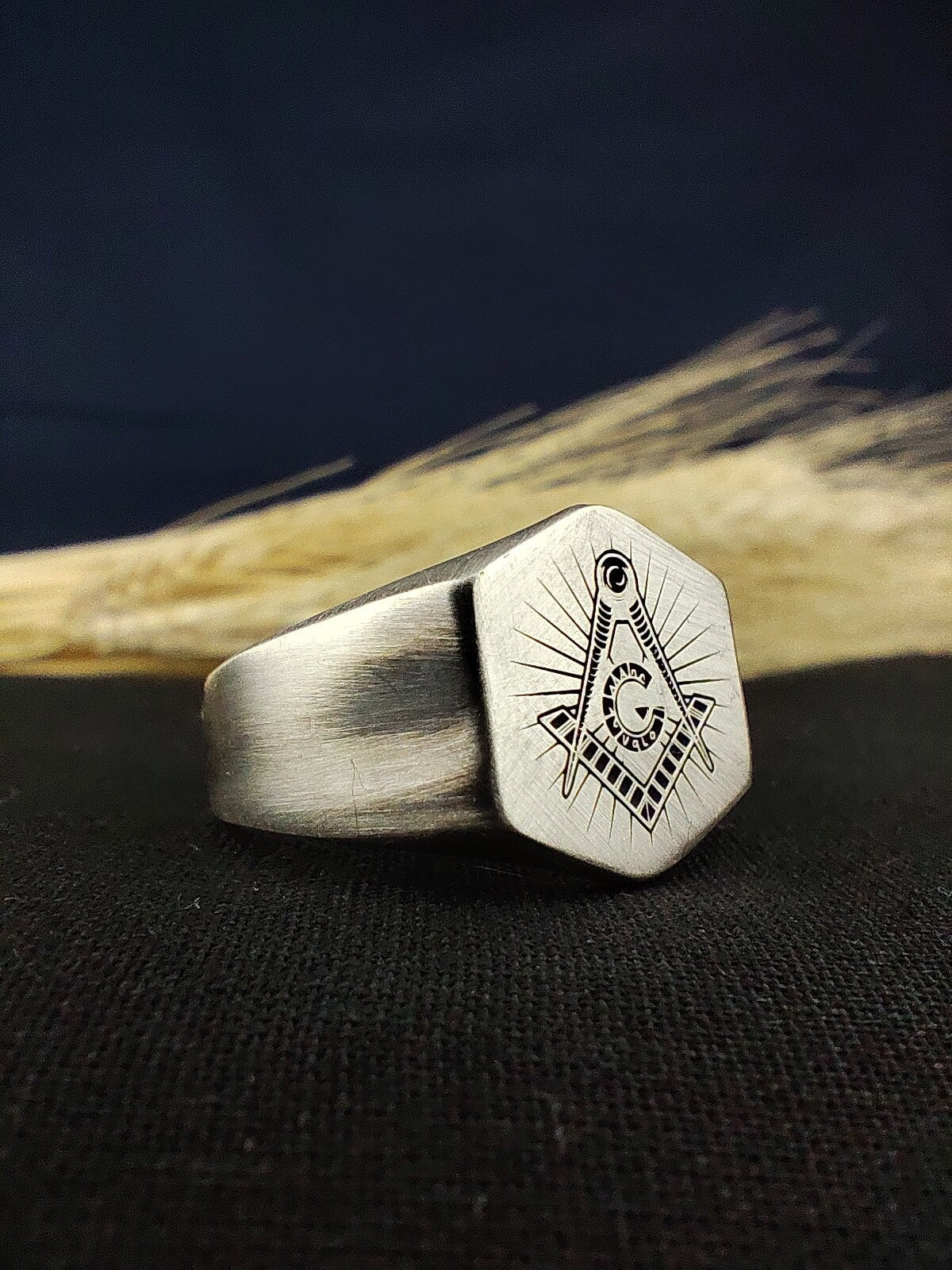 Handmade Matte Oxidized Masonic Signet Ring, Custom Freemason Lodge Jewelry