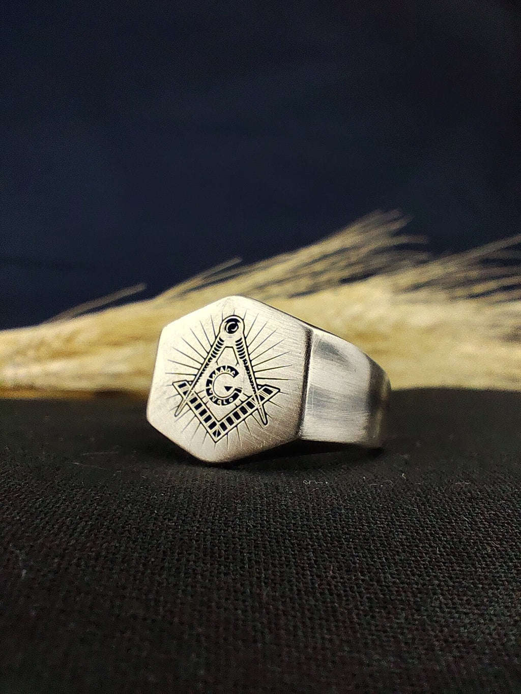 Handmade Matte Oxidized Masonic Signet Ring, Custom Freemason Lodge Jewelry
