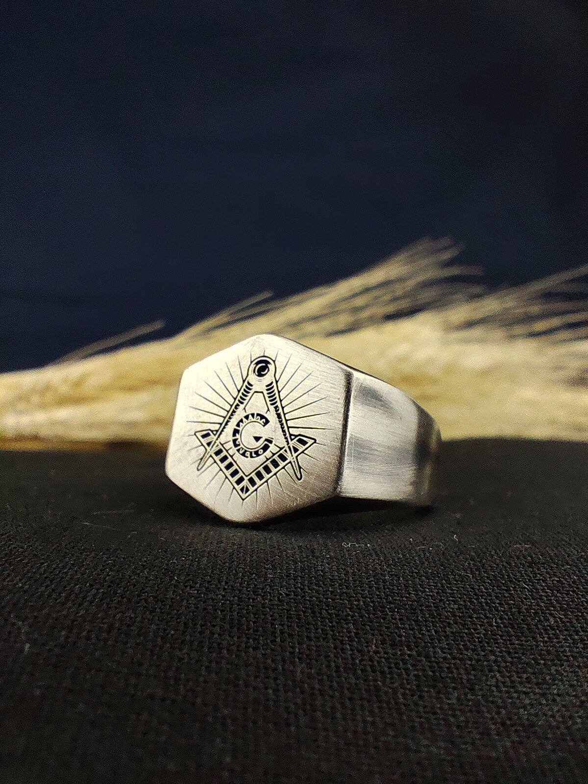 Handmade Matte Oxidized Masonic Signet Ring, Custom Freemason Lodge Jewelry
