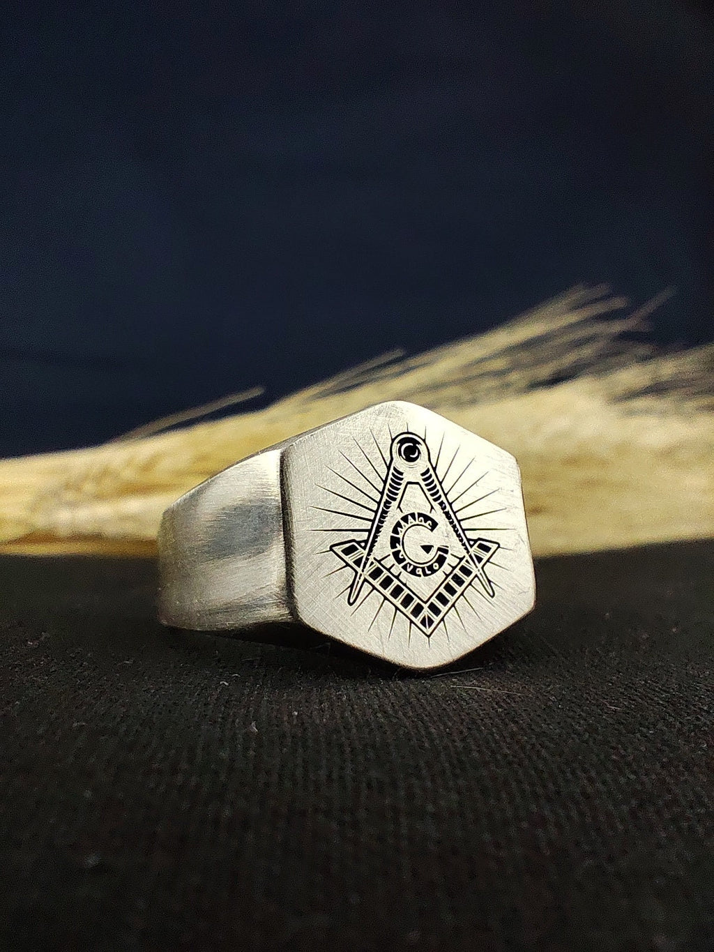 Handmade Matte Oxidized Masonic Signet Ring, Custom Freemason Lodge Jewelry