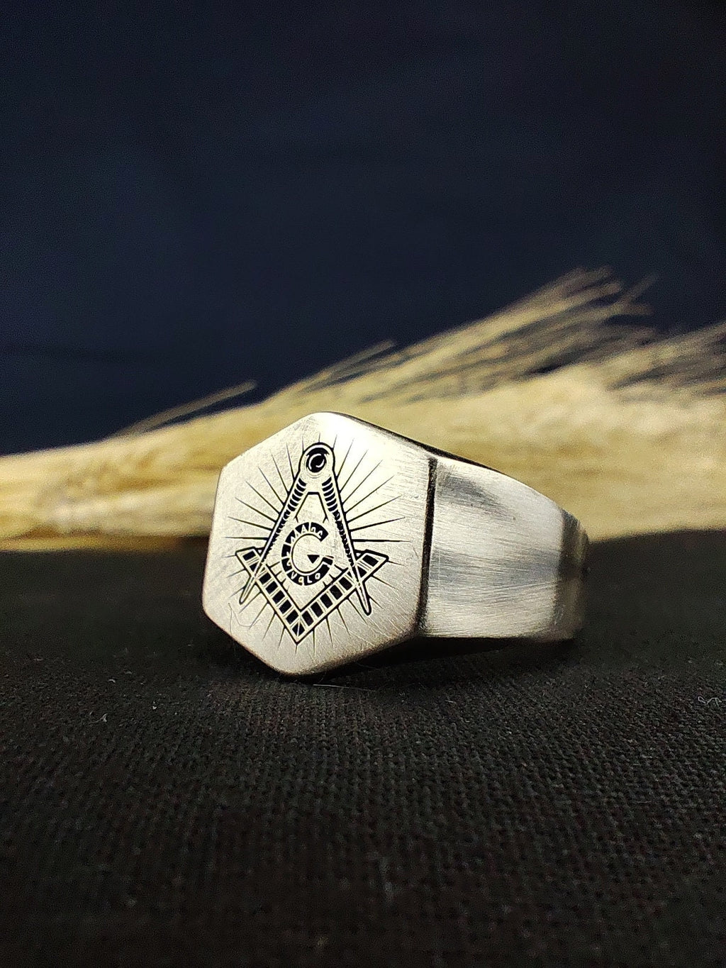 Handmade Matte Oxidized Masonic Signet Ring, Custom Freemason Lodge Jewelry