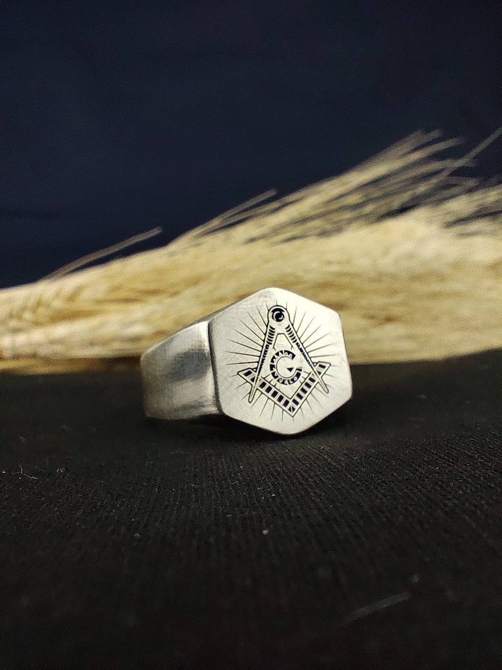 Handmade Matte Oxidized Masonic Signet Ring, Custom Freemason Lodge Jewelry