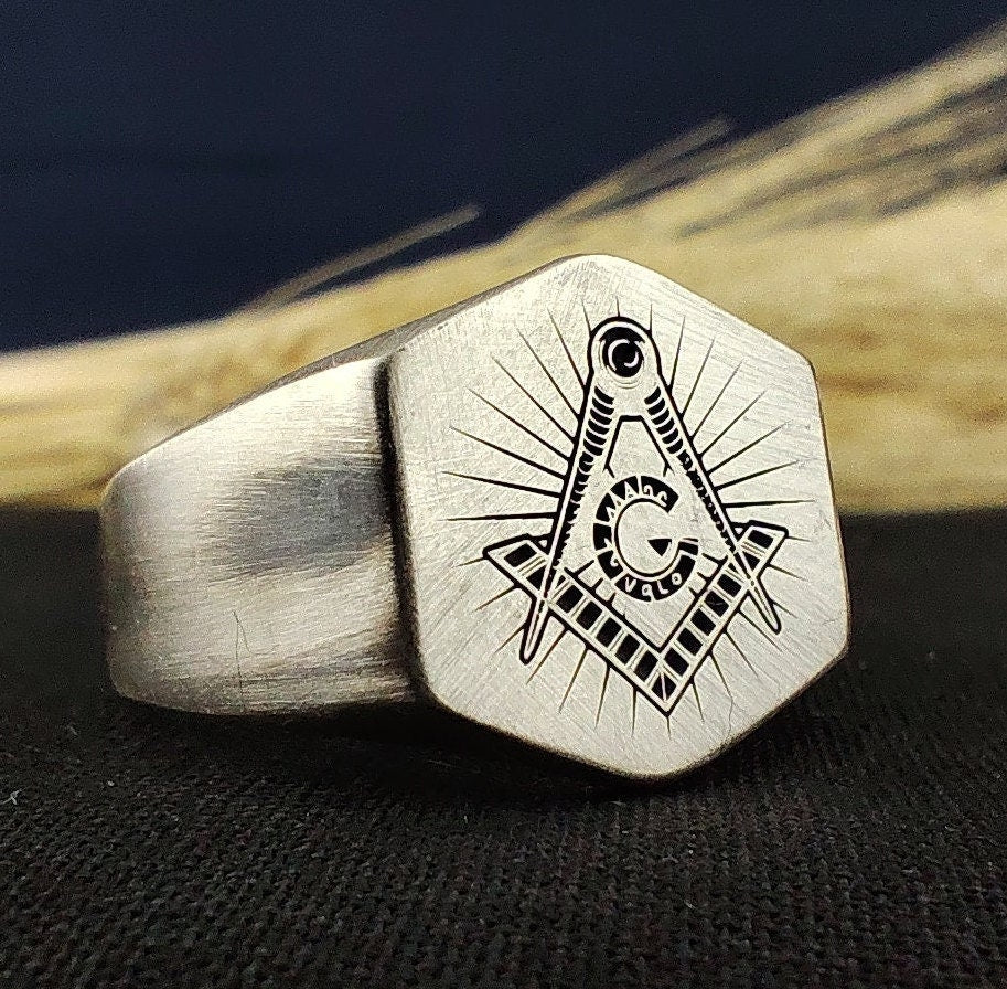 Handmade Matte Oxidized Masonic Signet Ring, Custom Freemason Lodge Jewelry