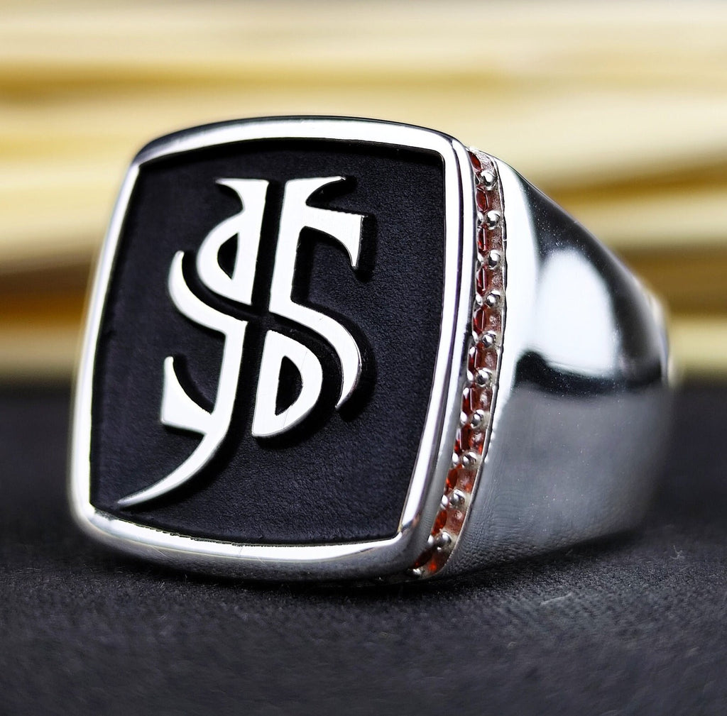 Black Enamel Monogram Signet Ring, Custom Two Initial Ring for Men