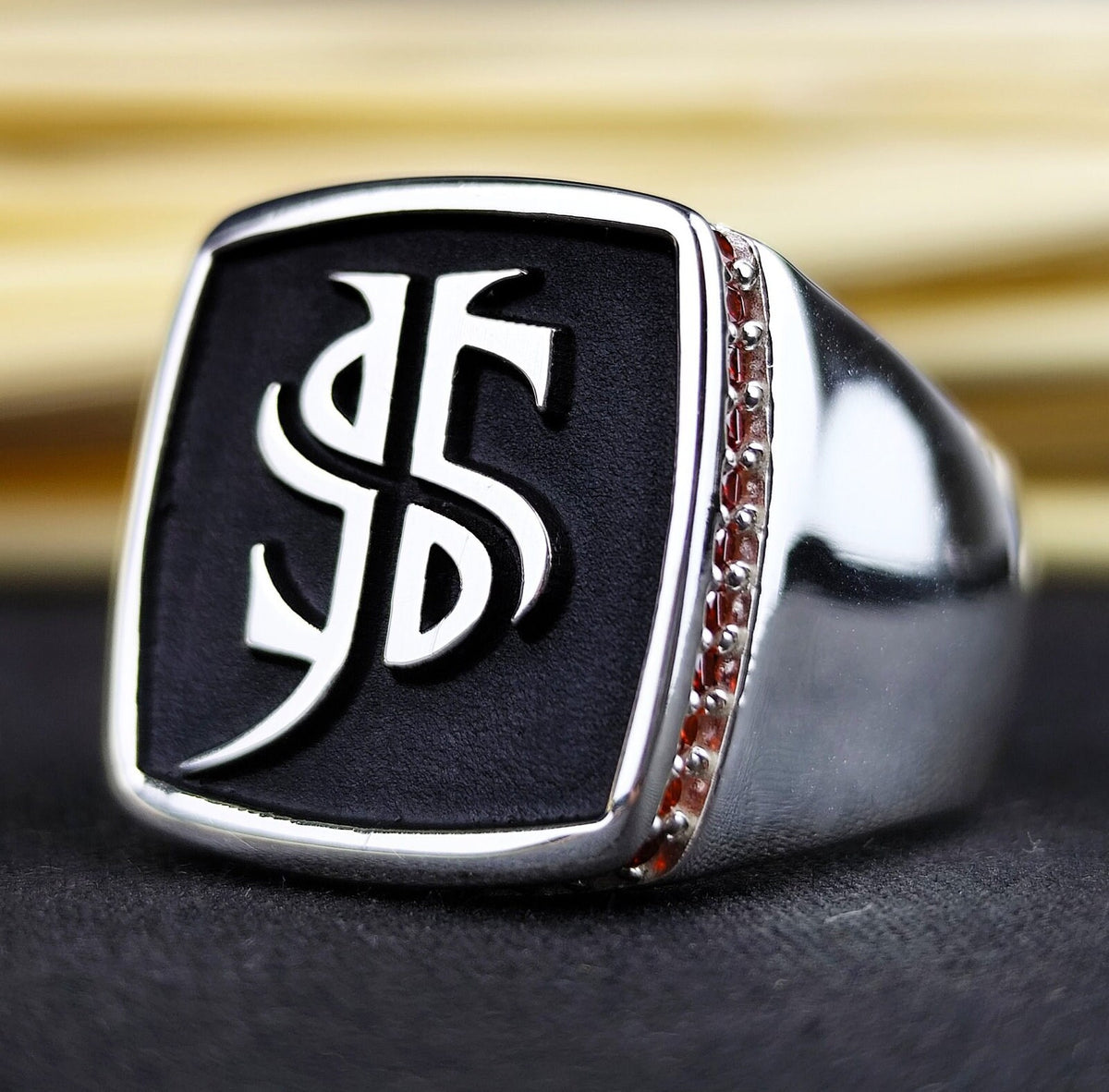 Black Enamel Monogram Signet Ring, Custom Two Initial Ring for Men
