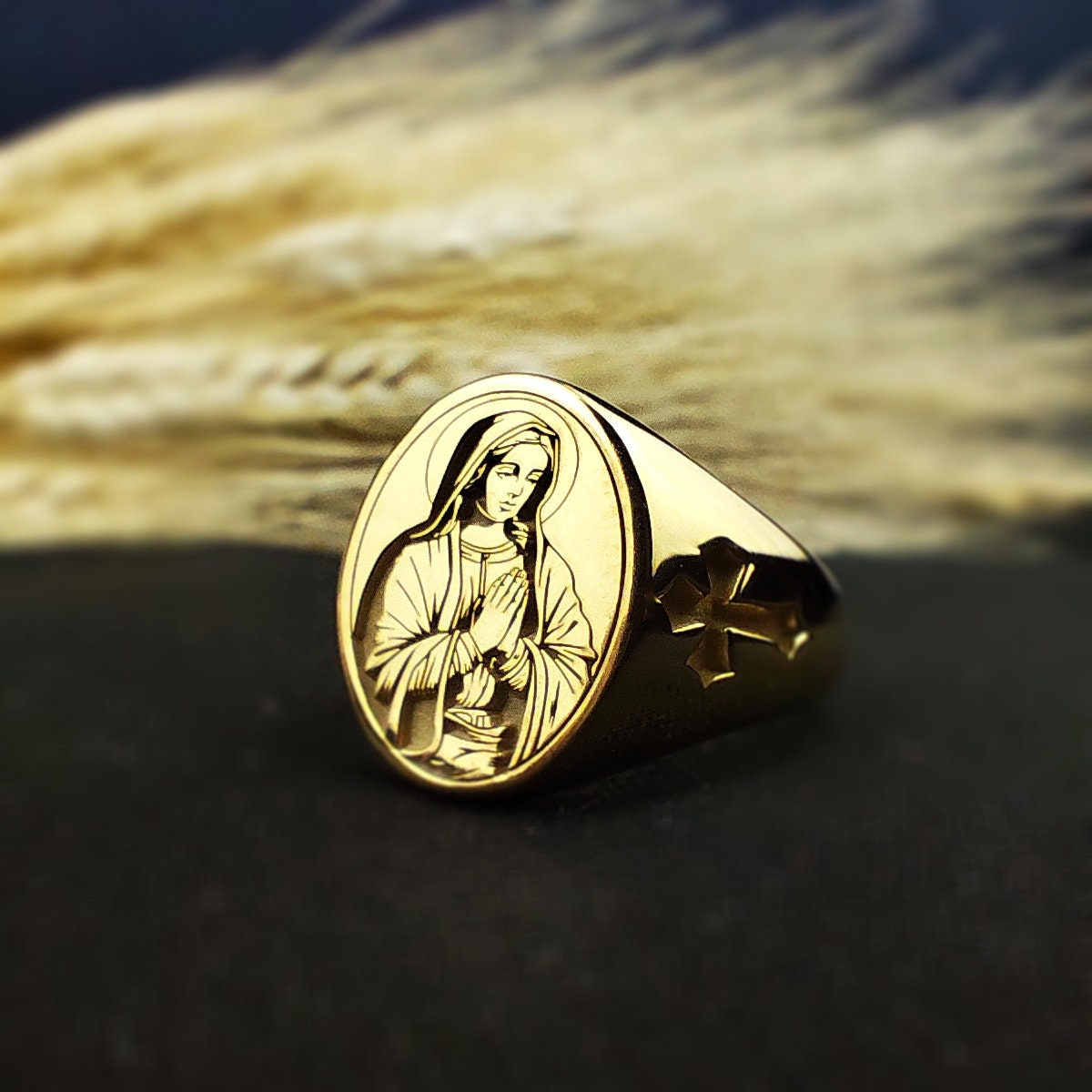 Virgin Mary Signet Ring, Catholic Jewelry, Sterling Silver or Gold Christian Gift