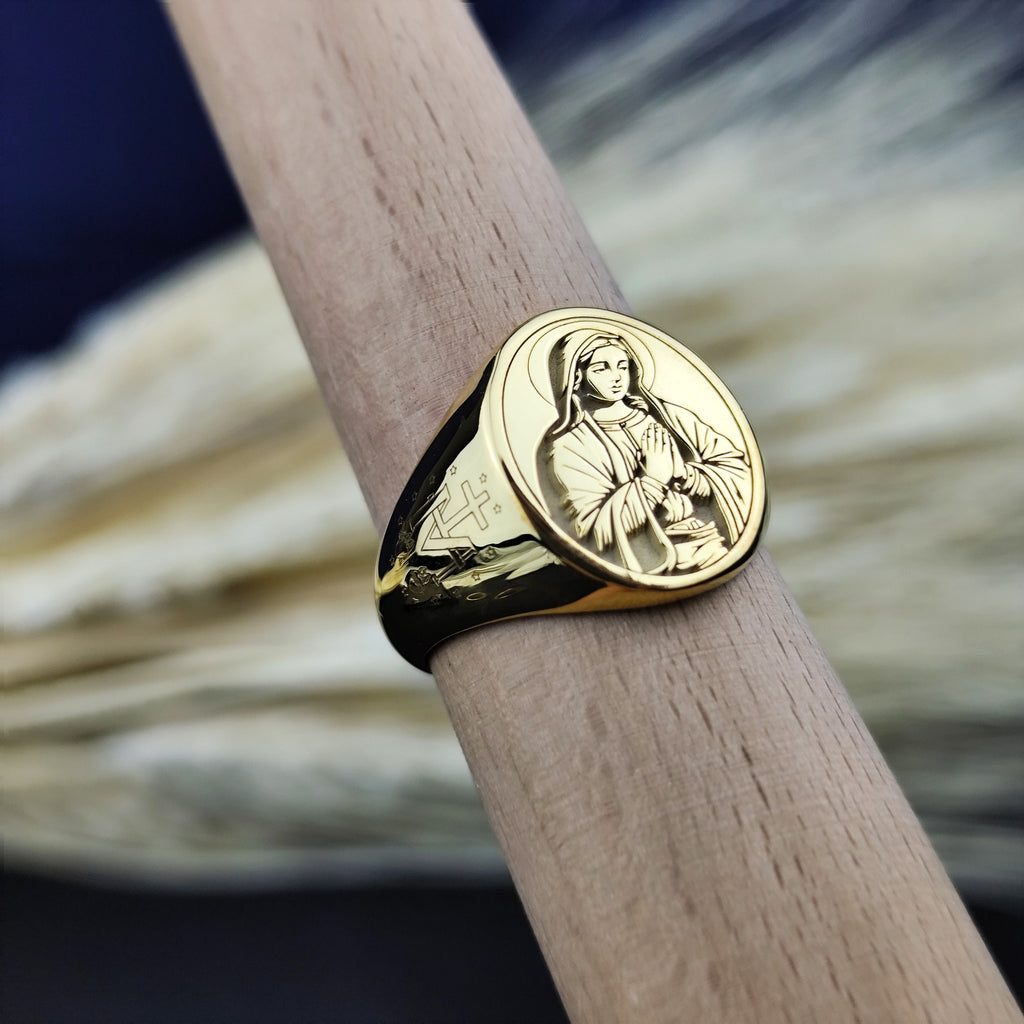 Virgin Mary Signet Ring, Catholic Jewelry, Sterling Silver or Gold Christian Gift