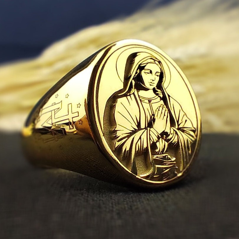 Virgin Mary Signet Ring, Catholic Jewelry, Sterling Silver or Gold Christian Gift
