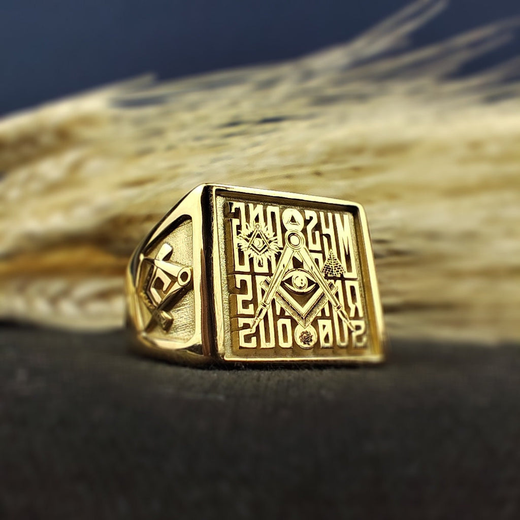 Square Masonic Ring for Men, Engraved Freemason Signet, Lodge Gift