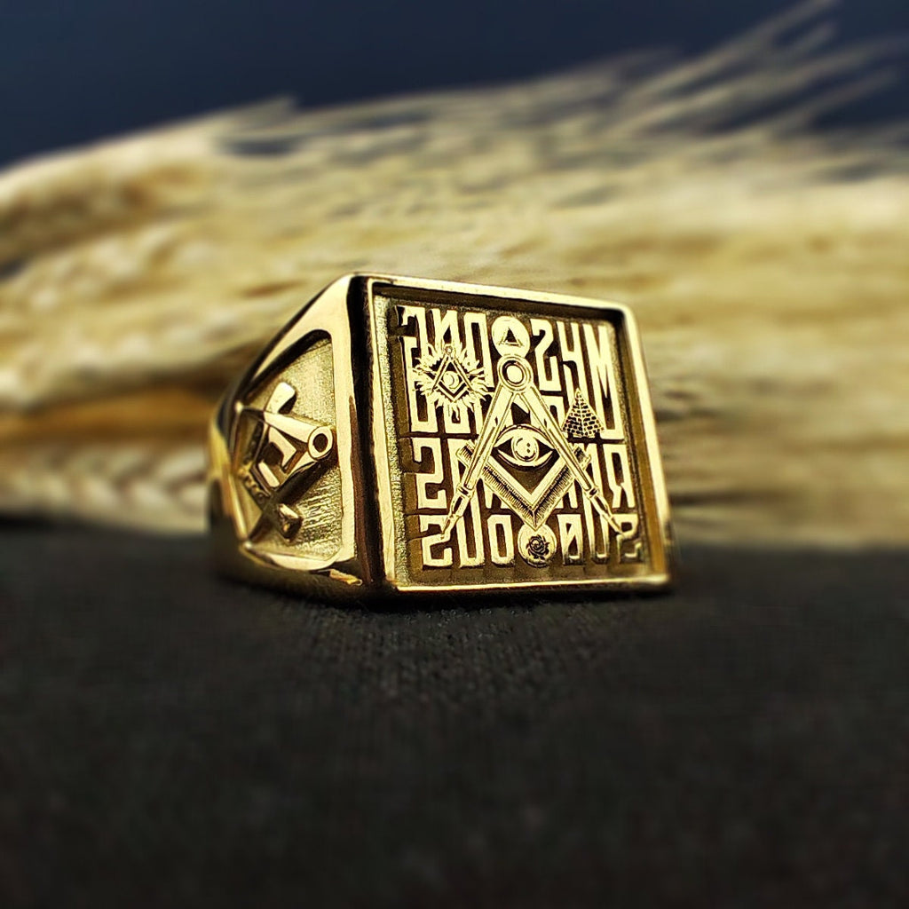 Square Masonic Ring for Men, Engraved Freemason Signet, Lodge Gift