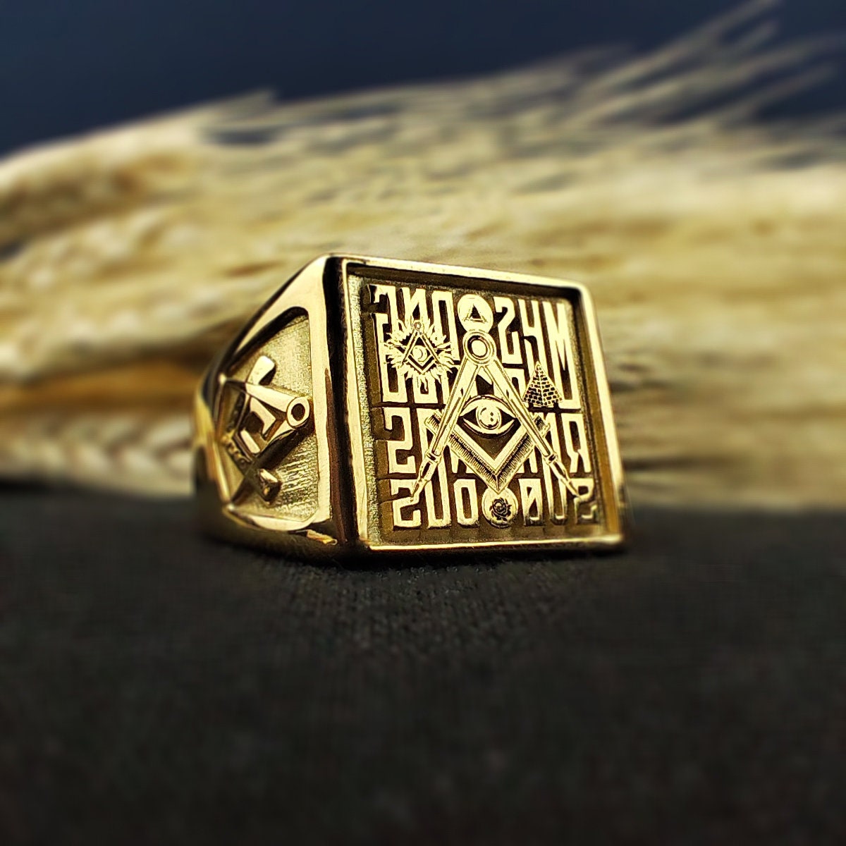 Square Masonic Ring for Men, Engraved Freemason Signet, Lodge Gift