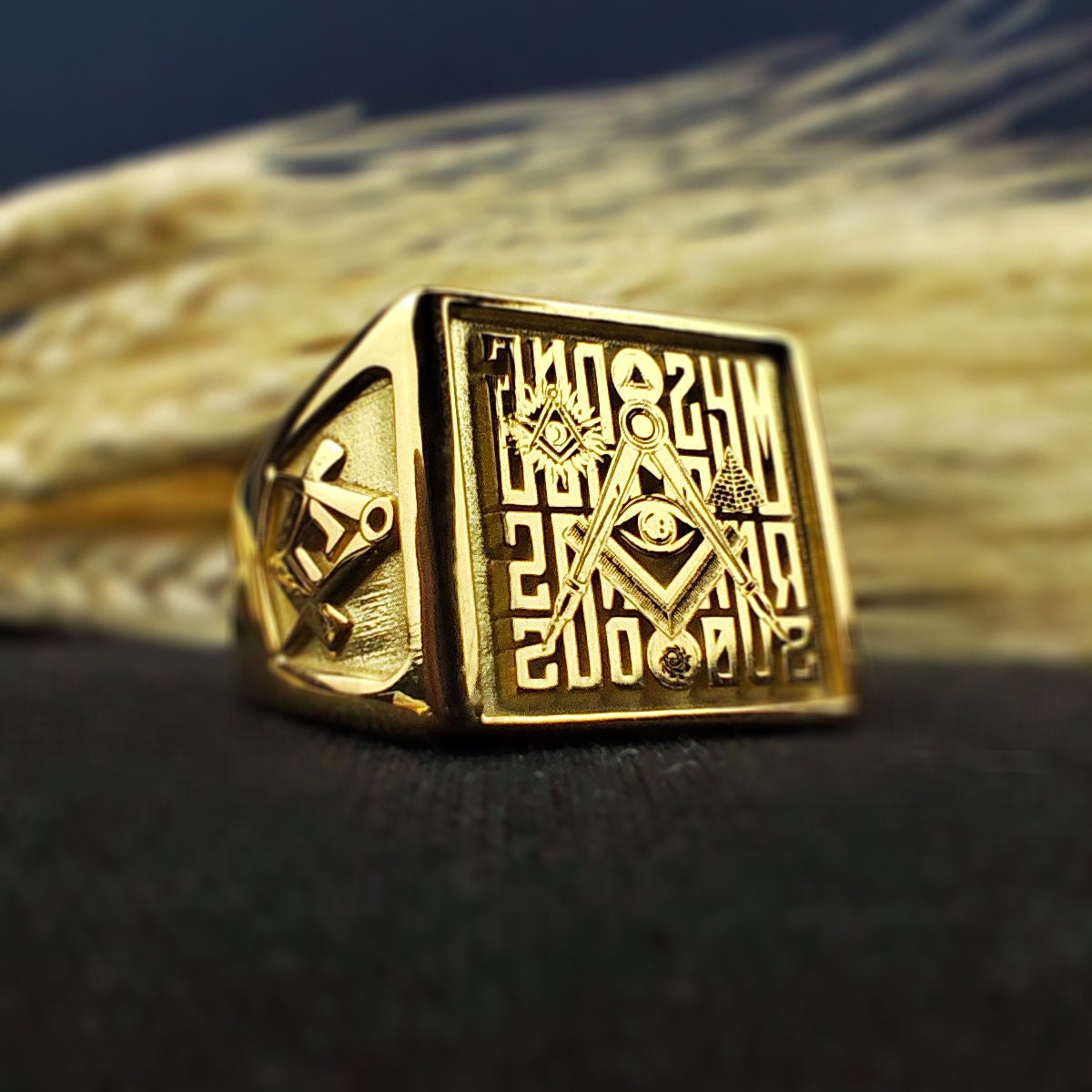 Square Masonic Ring for Men, Engraved Freemason Signet, Lodge Gift