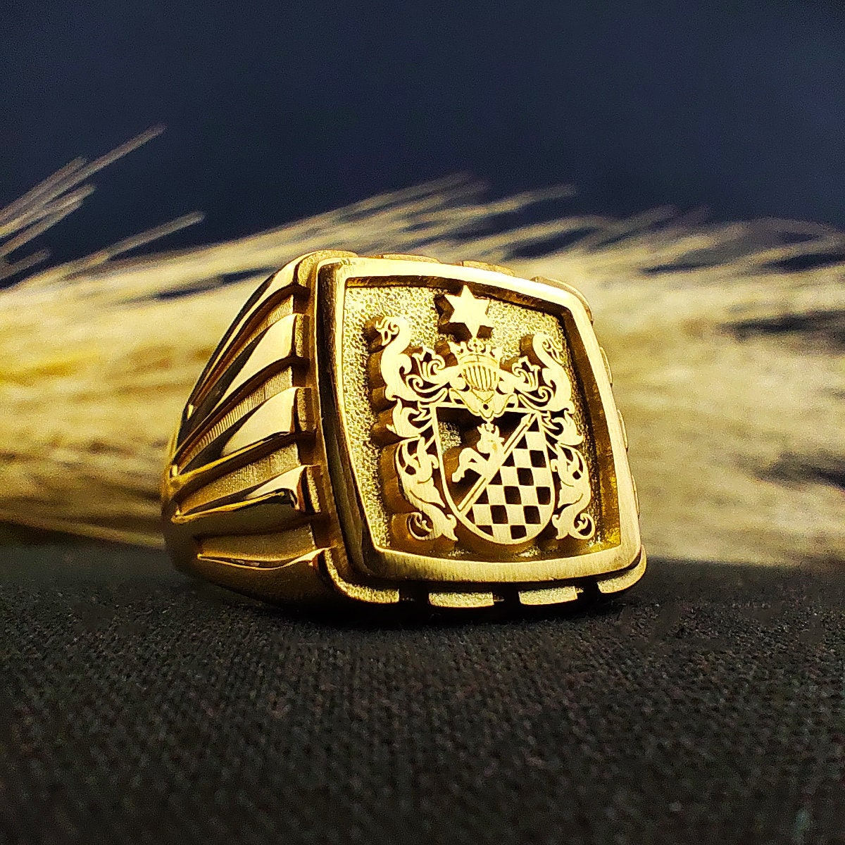 Custom Family Crest Signet Ring: Engraved Gold Plated Heritage Emblem