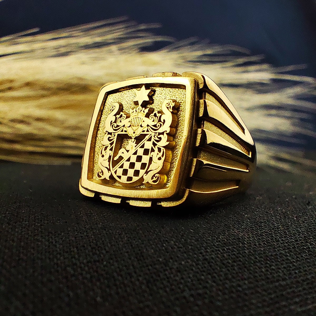 Custom Family Crest Signet Ring: Engraved Gold Plated Heritage Emblem