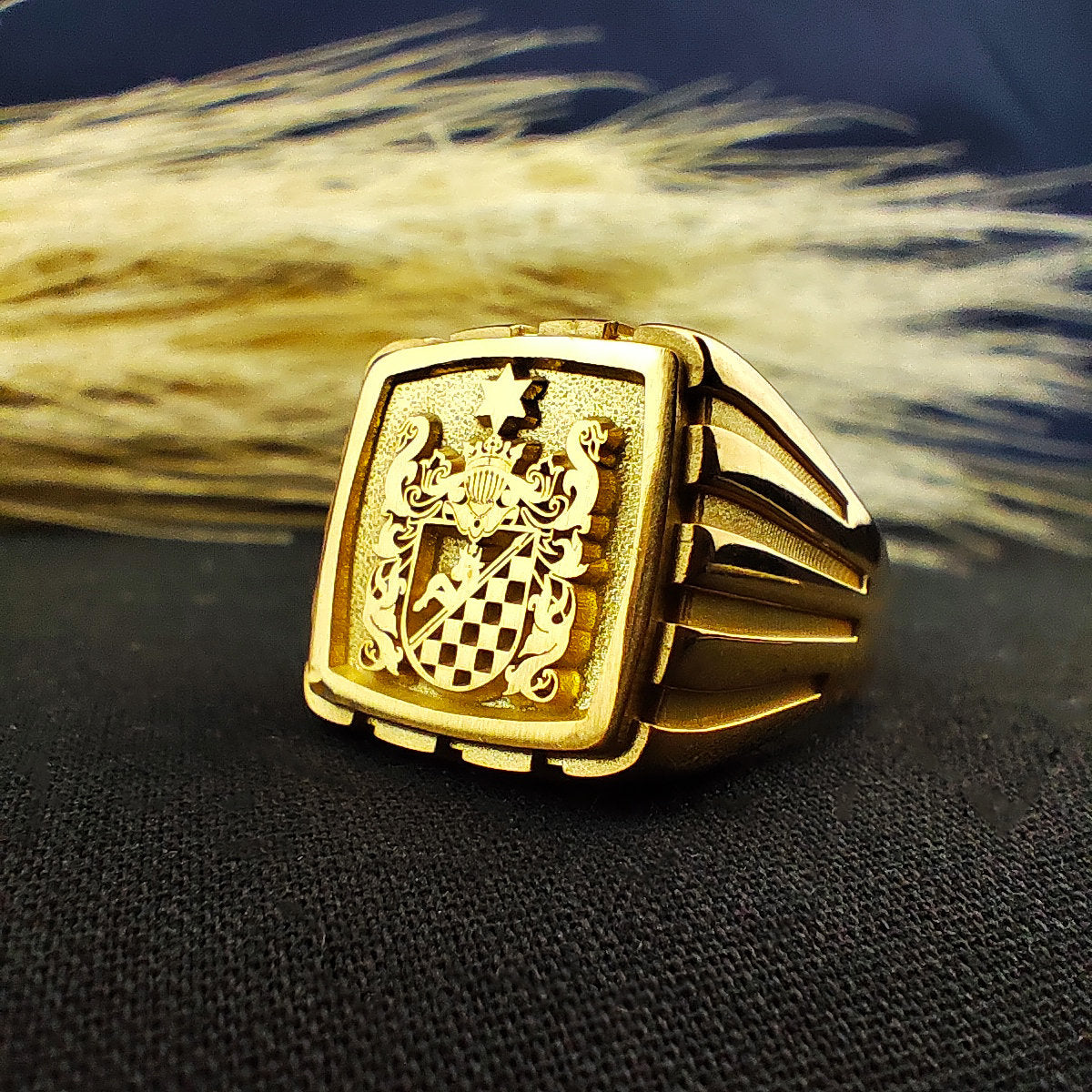 Custom Family Crest Signet Ring: Engraved Gold Plated Heritage Emblem
