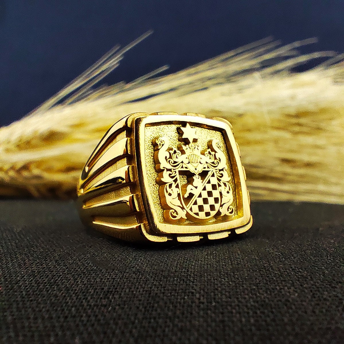 Custom Family Crest Signet Ring: Engraved Gold Plated Heritage Emblem
