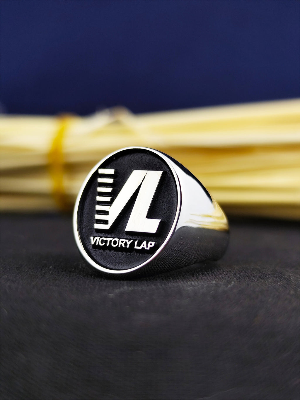 Custom Signet Ring with Logo or Initials, Oval Black Enamel, Silver or Gold Options