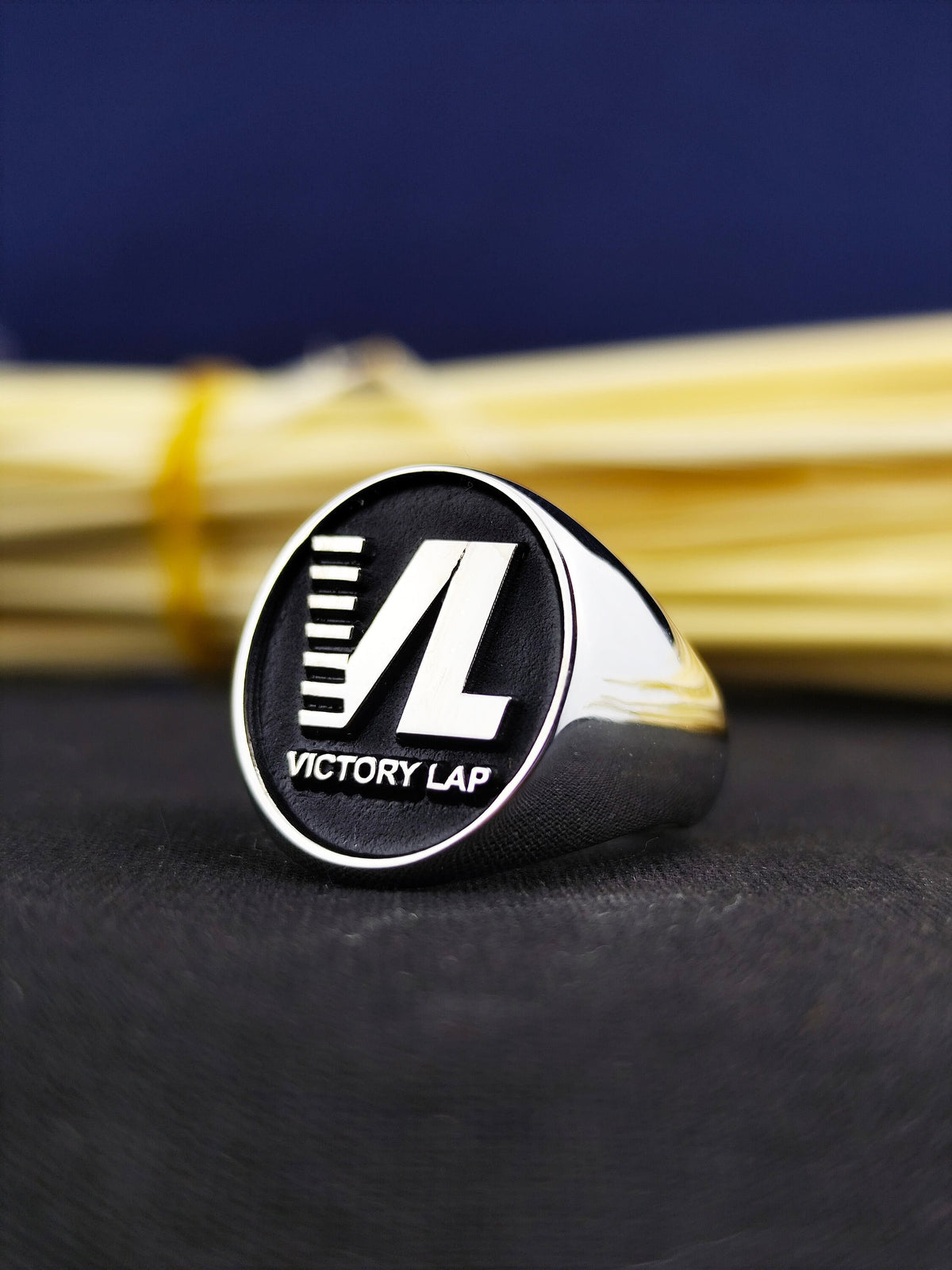 Custom Signet Ring with Logo or Initials, Oval Black Enamel, Silver or Gold Options
