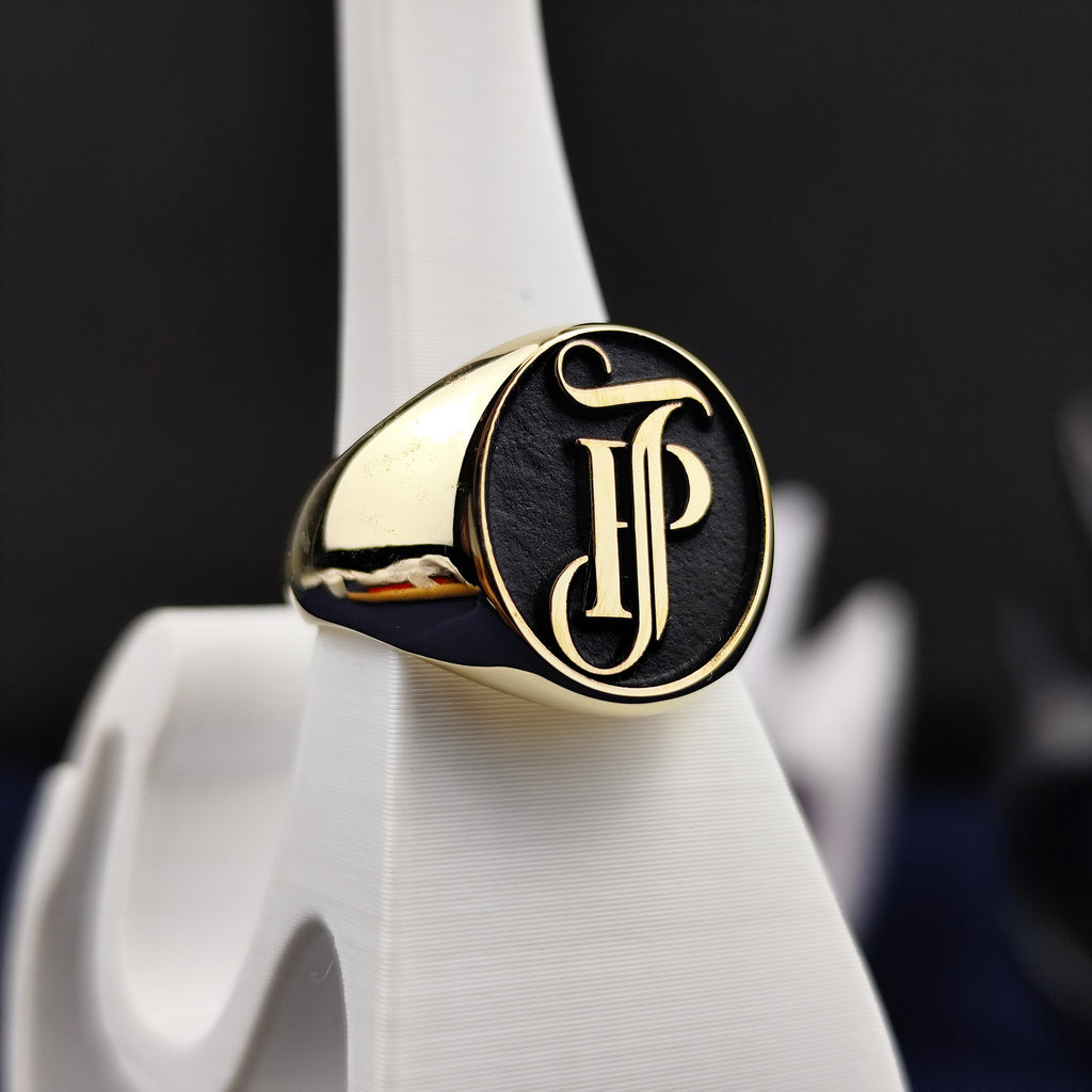 Custom Monogram Signet Ring for Men, Oval Black Enamel, Sterling Silver or Gold