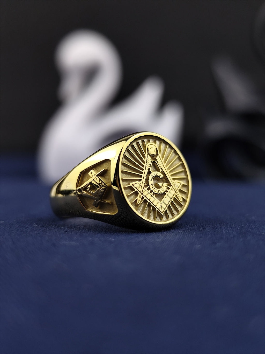 Gold Plated Freemason Signet Ring, Engraved G Emblem, Master Mason Jewelry, Lodge Gift