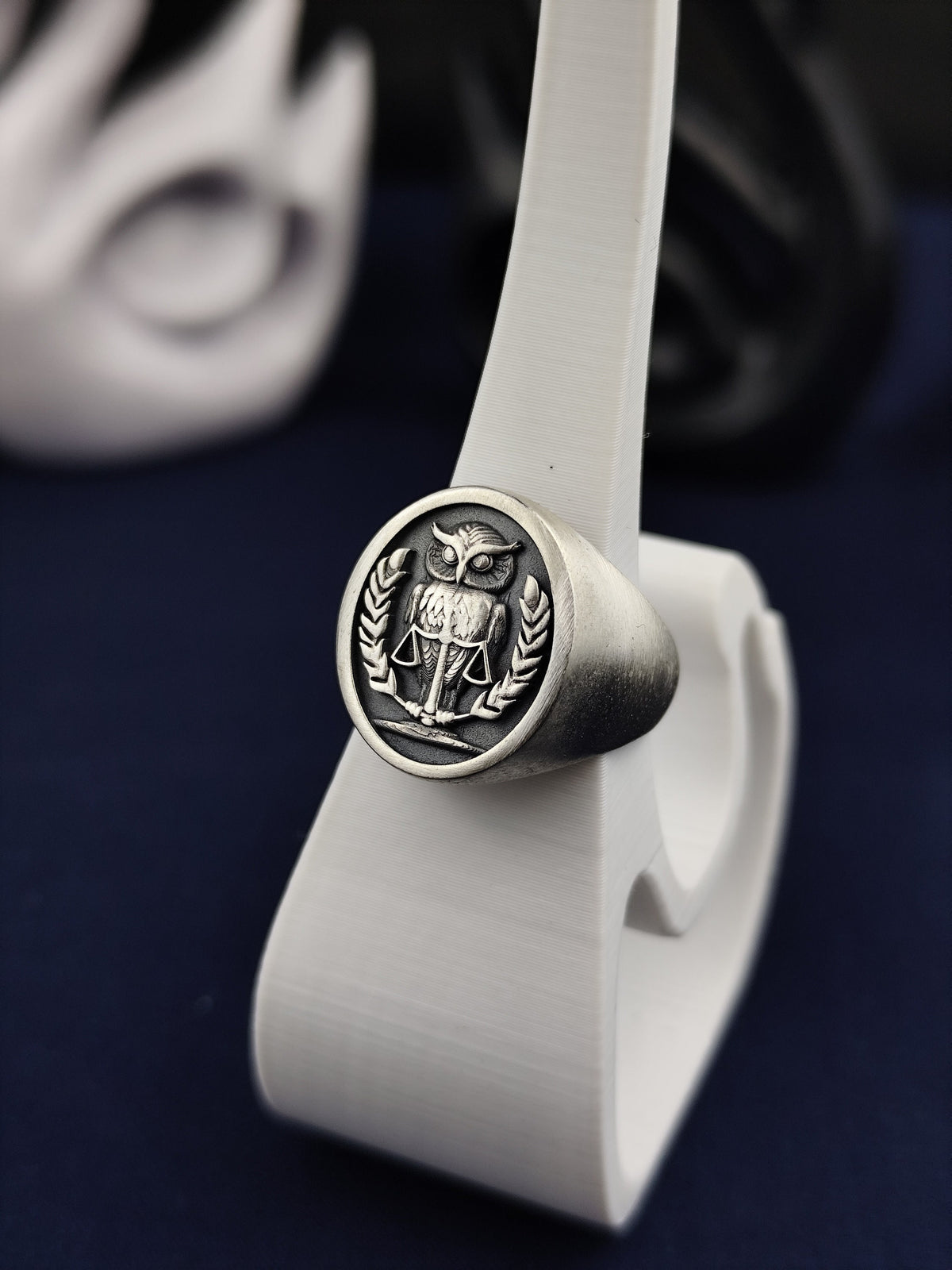 Sterling Silver 3D Owl Signet Ring – Raised Wisdom Symbol Bird Crest Jewelry Gift