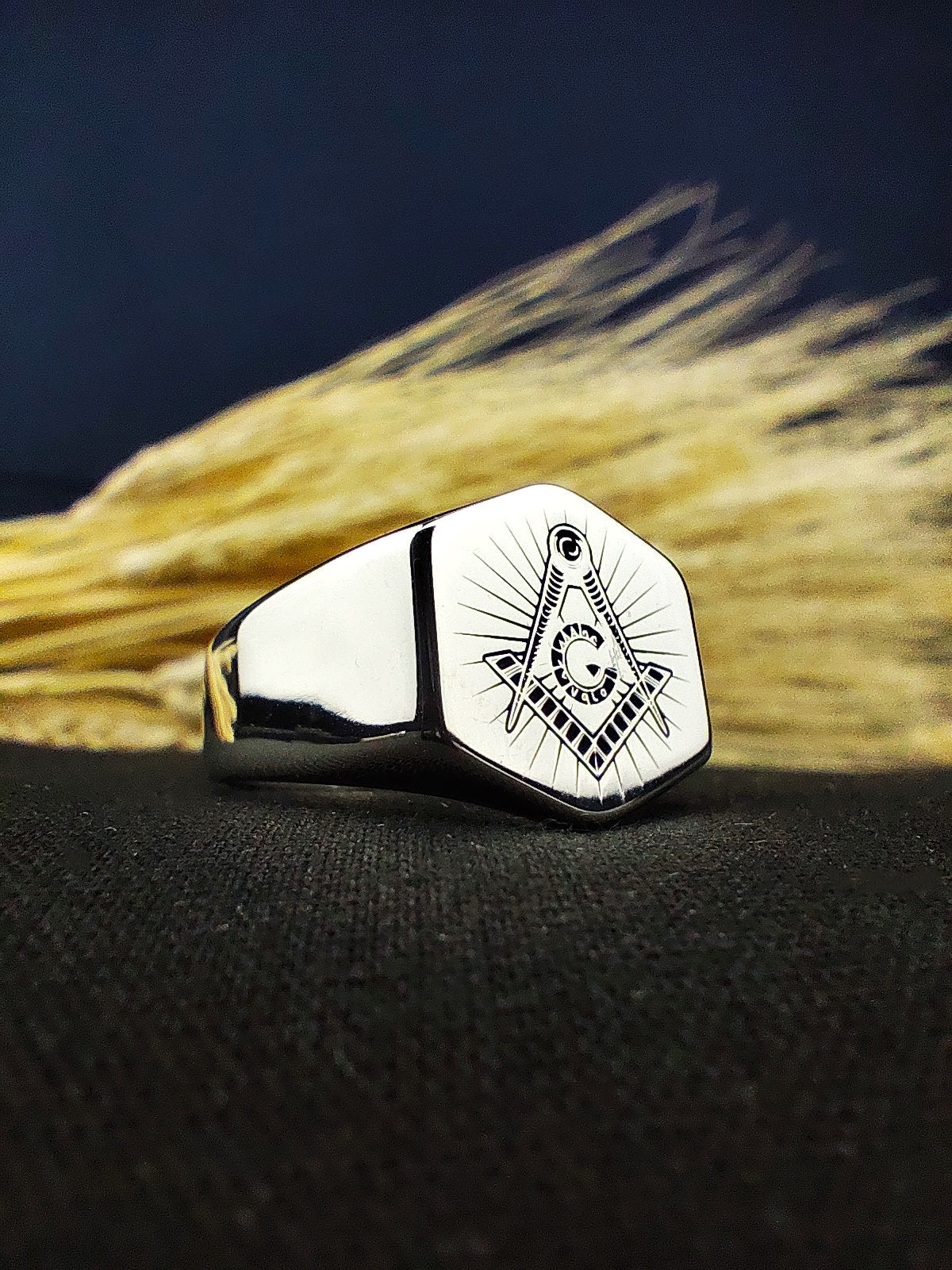 Sterling Silver Masonic Signet Ring, Freemason Square and Compass Ring for Men