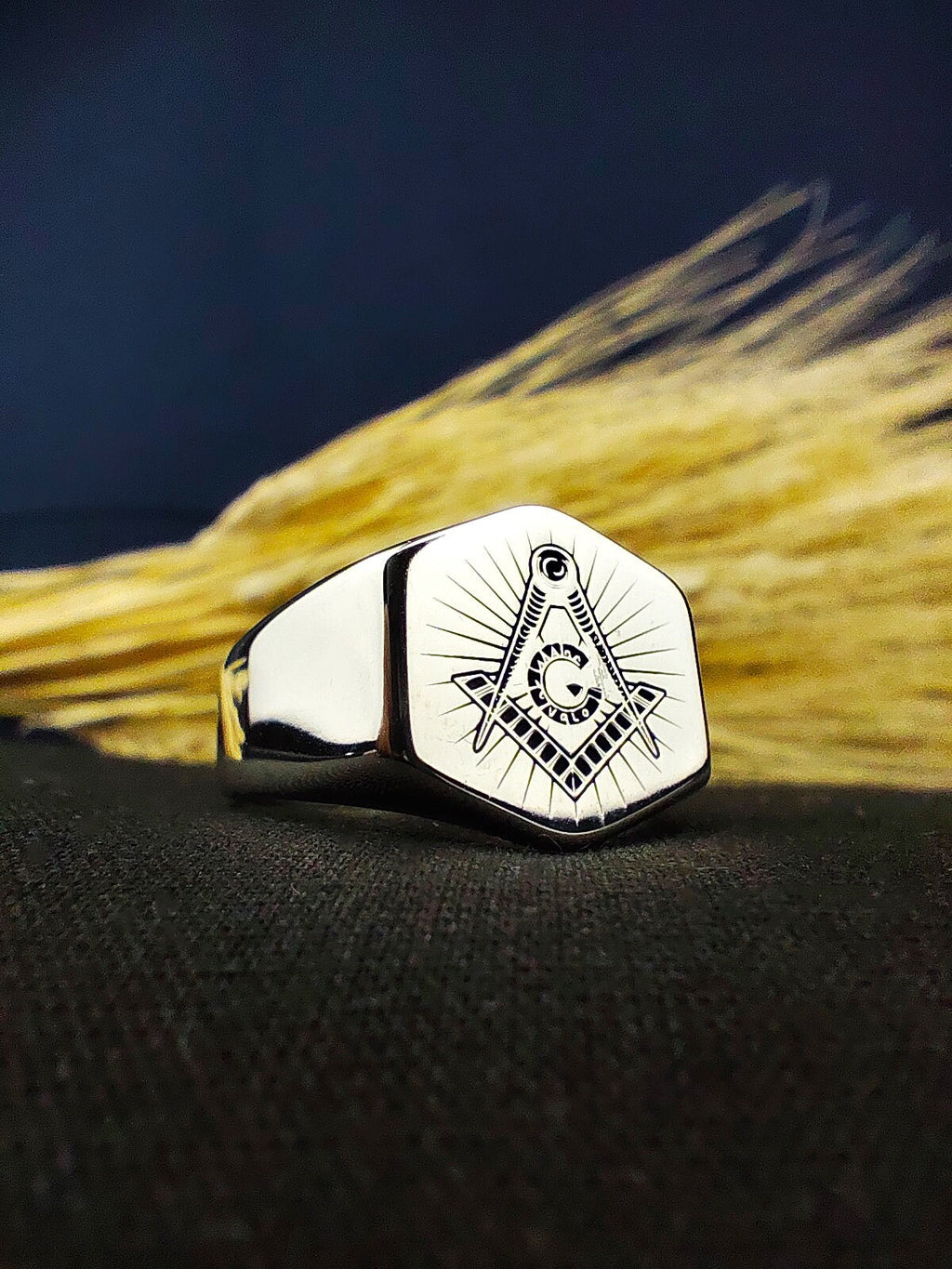 Sterling Silver Masonic Signet Ring, Freemason Square and Compass Ring for Men