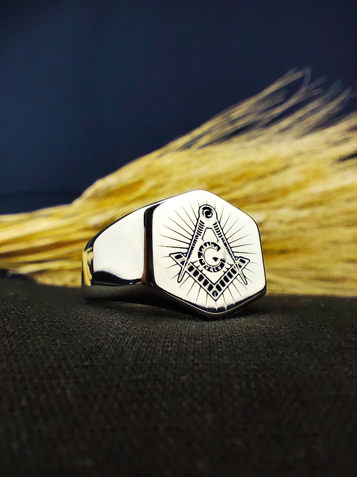 Sterling Silver Masonic Signet Ring, Freemason Square and Compass Ring for Men