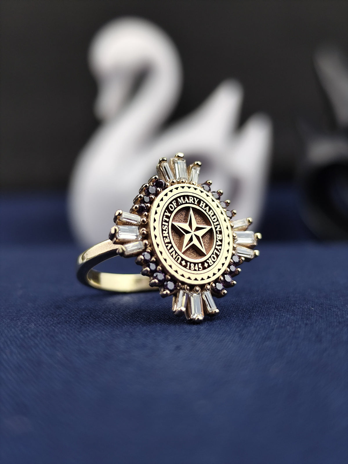 14K Gold Baguette Stone University Ring - Women's Elegant College Signet - Custom Graduation Jewelry Gift