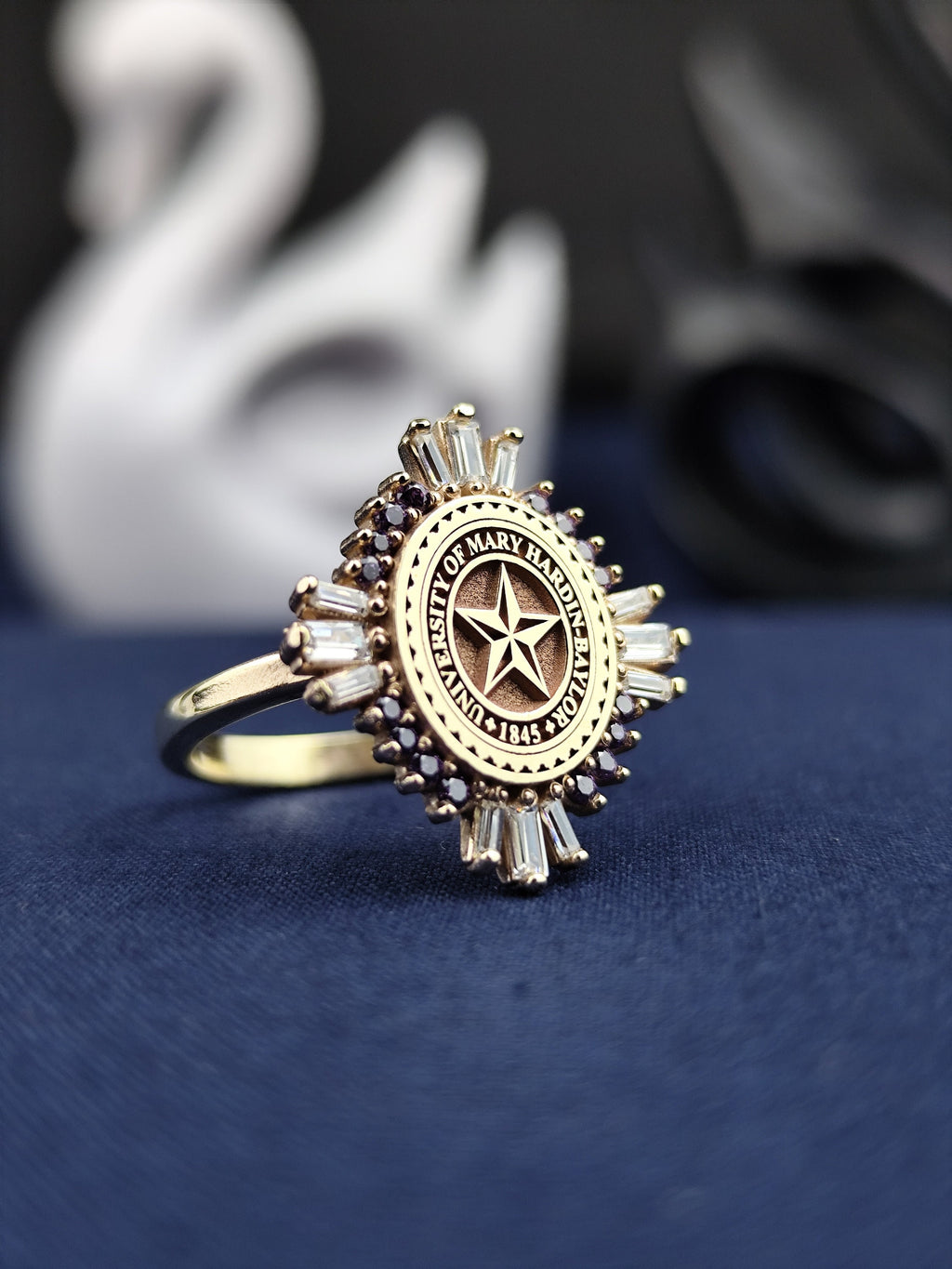 14K Gold Baguette Stone University Ring - Women's Elegant College Signet - Custom Graduation Jewelry Gift