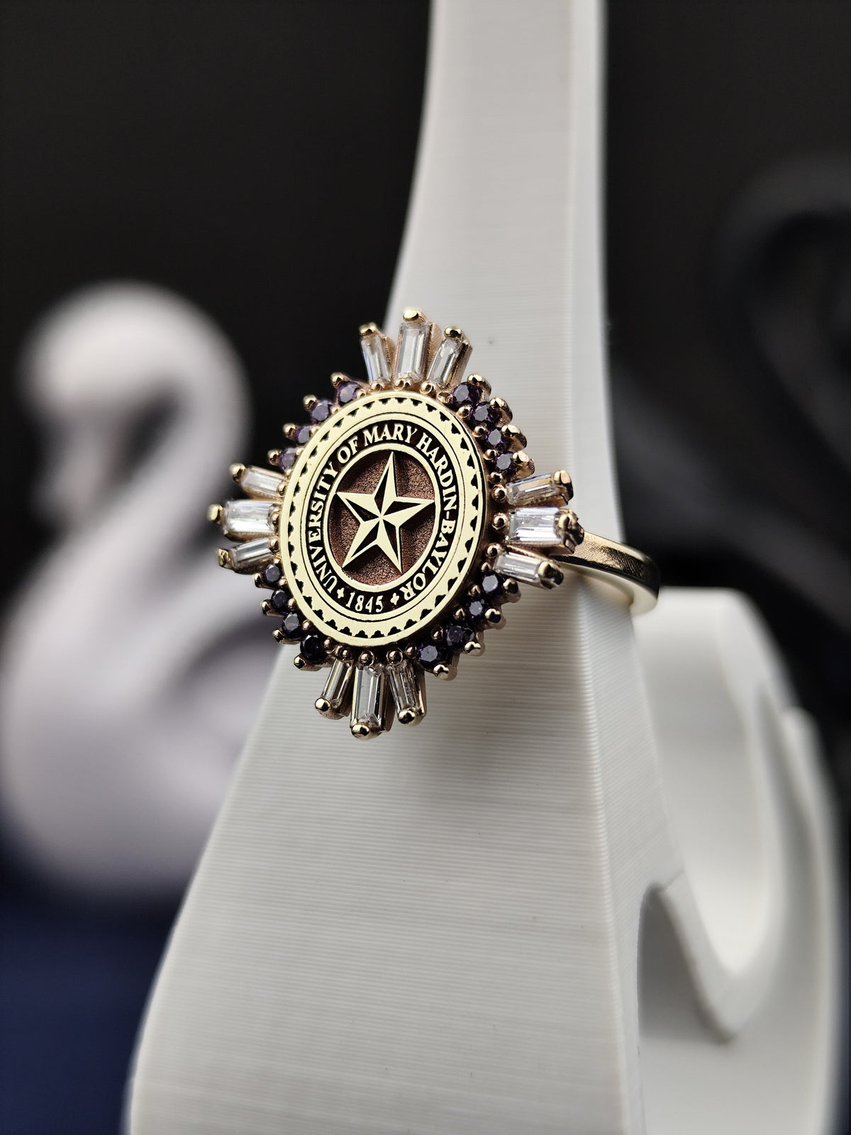 14K Gold Baguette Stone University Ring - Women's Elegant College Signet - Custom Graduation Jewelry Gift