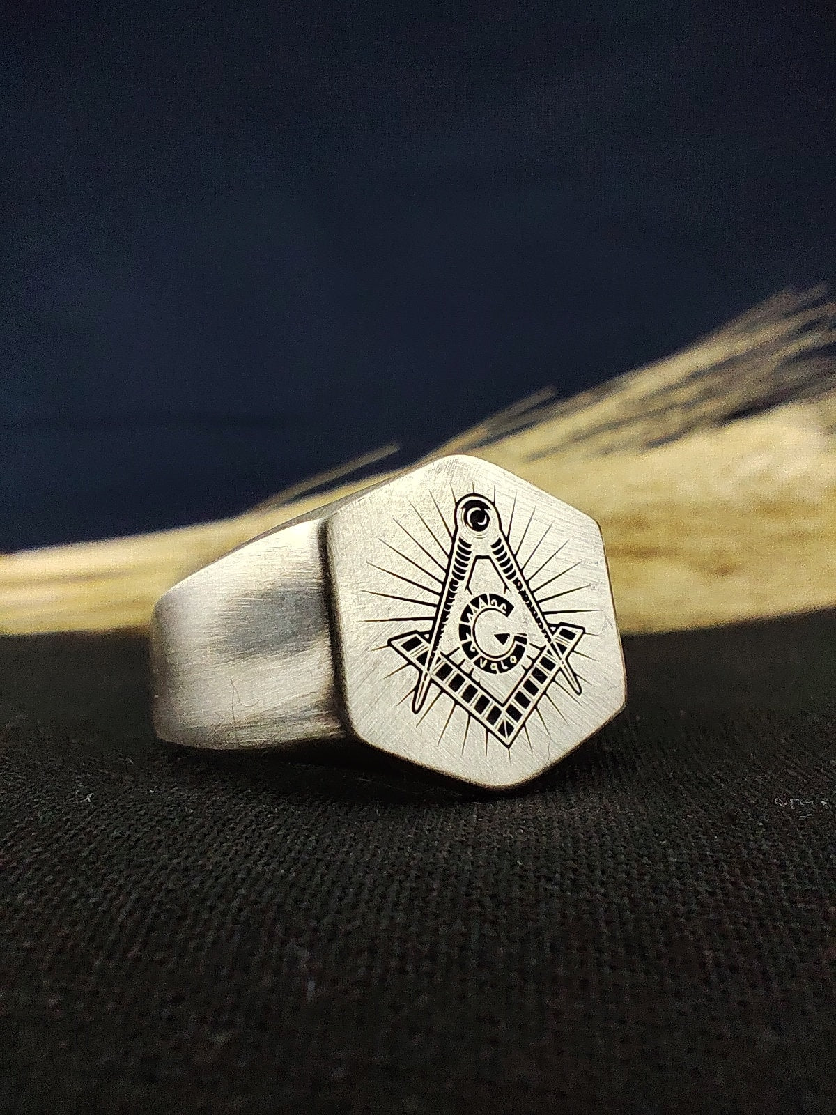 Handmade Matte Oxidized Masonic Signet Ring, Custom Freemason Lodge Jewelry