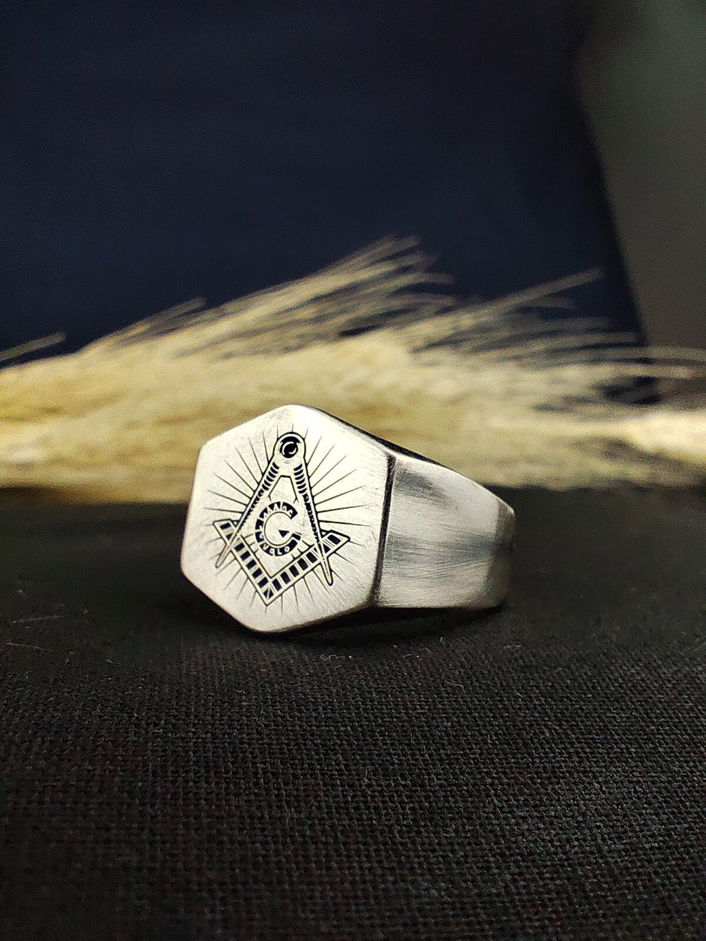 Handmade Matte Oxidized Masonic Signet Ring, Custom Freemason Lodge Jewelry